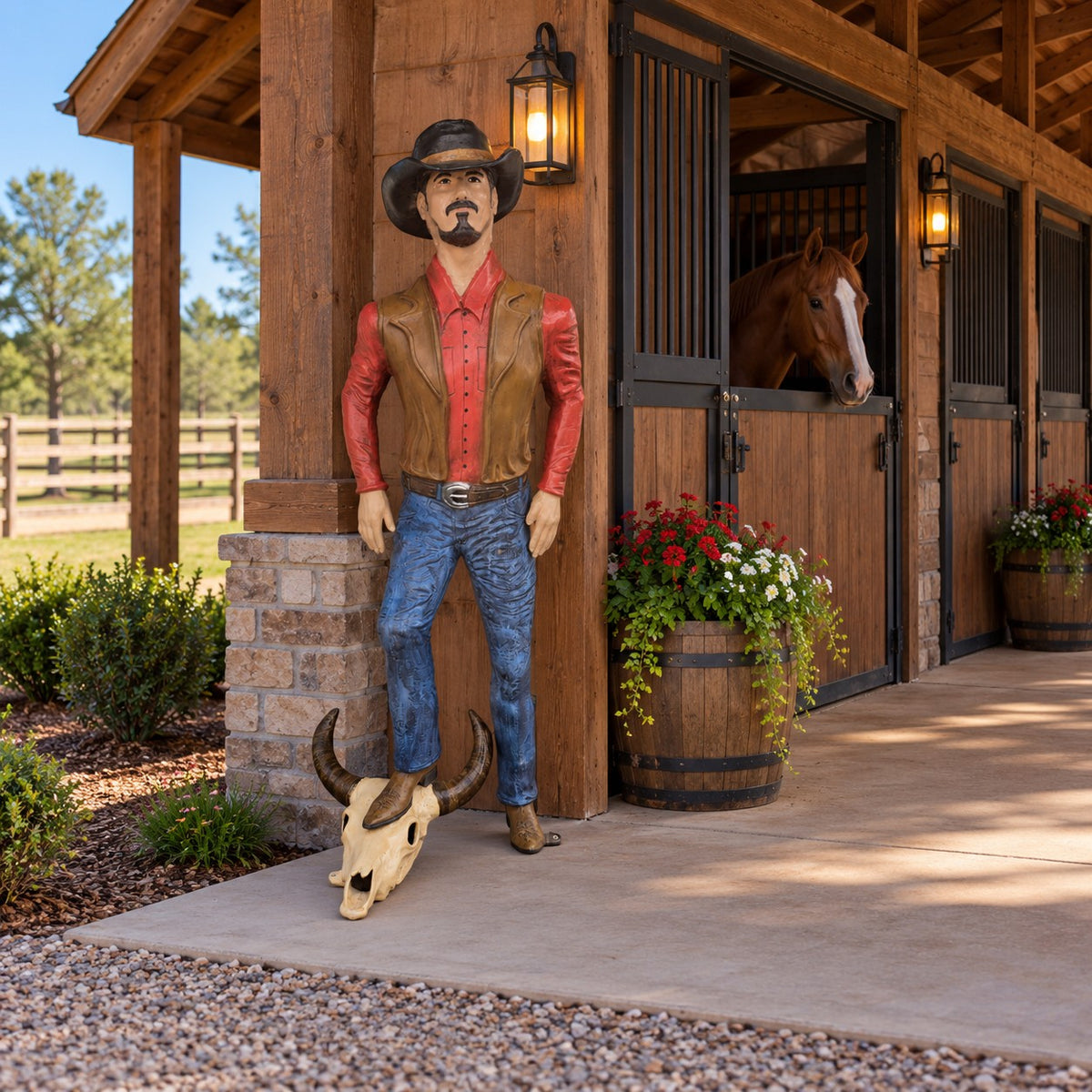 Cowboy statue in hat, red shirt, vest, standing on bull skull for yard decor