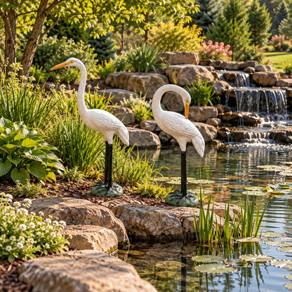 White heron statue with long neck and yellow beak, cast aluminum garden decor for yard or patio