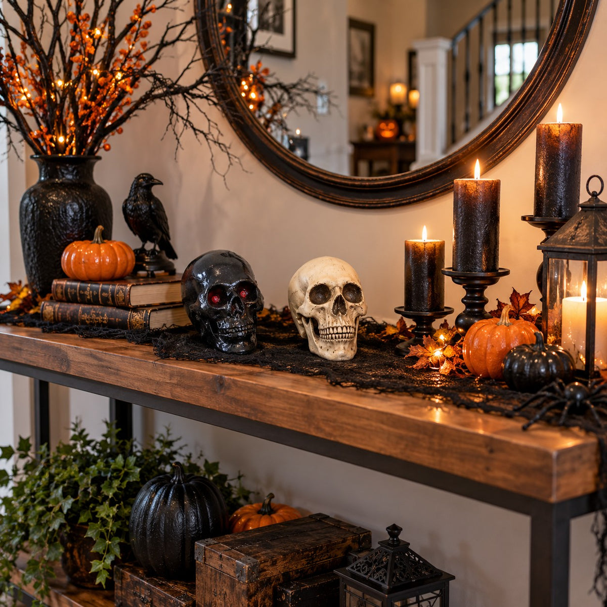 Cast aluminum skull statue for yard or home decor, detailed bone texture, eerie Halloween accent