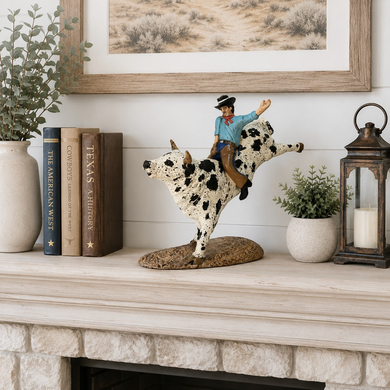 Cast aluminum cowboy riding bucking bull statue for home decor