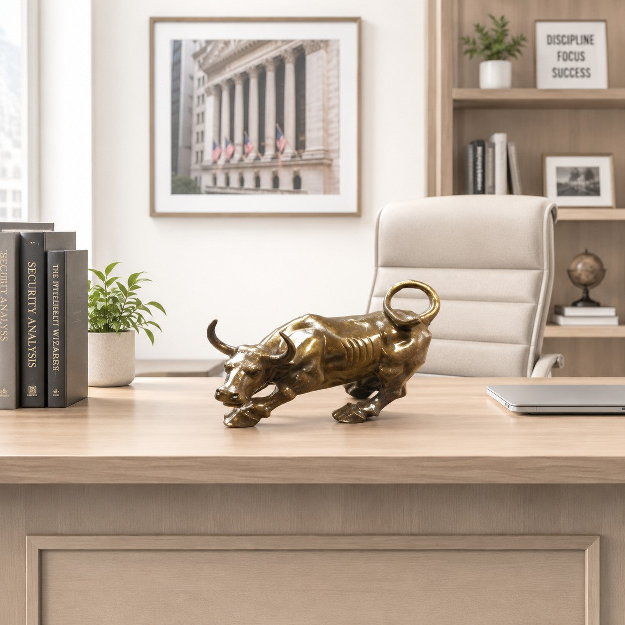 Desktop wall street bull statue in a bronze finish.