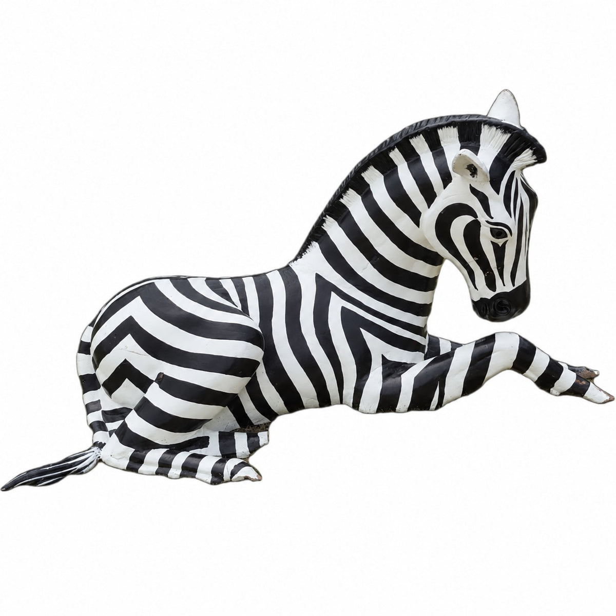 Cast aluminum zebra laying down for residential or commercial display or decor.