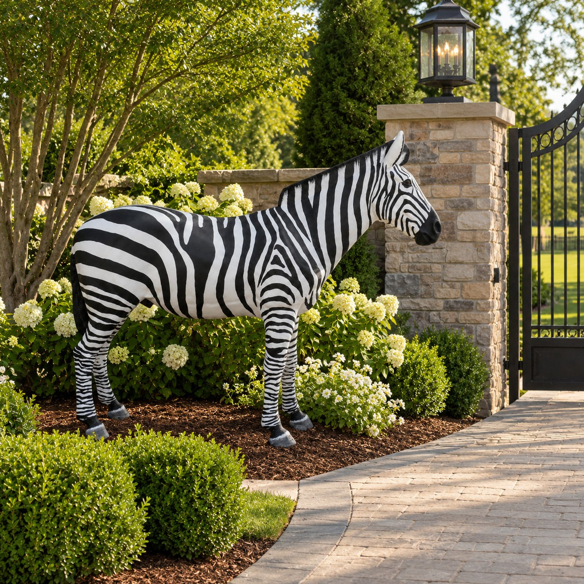 Cast aluminum full size zebra standing for residential or commercial design spaces
