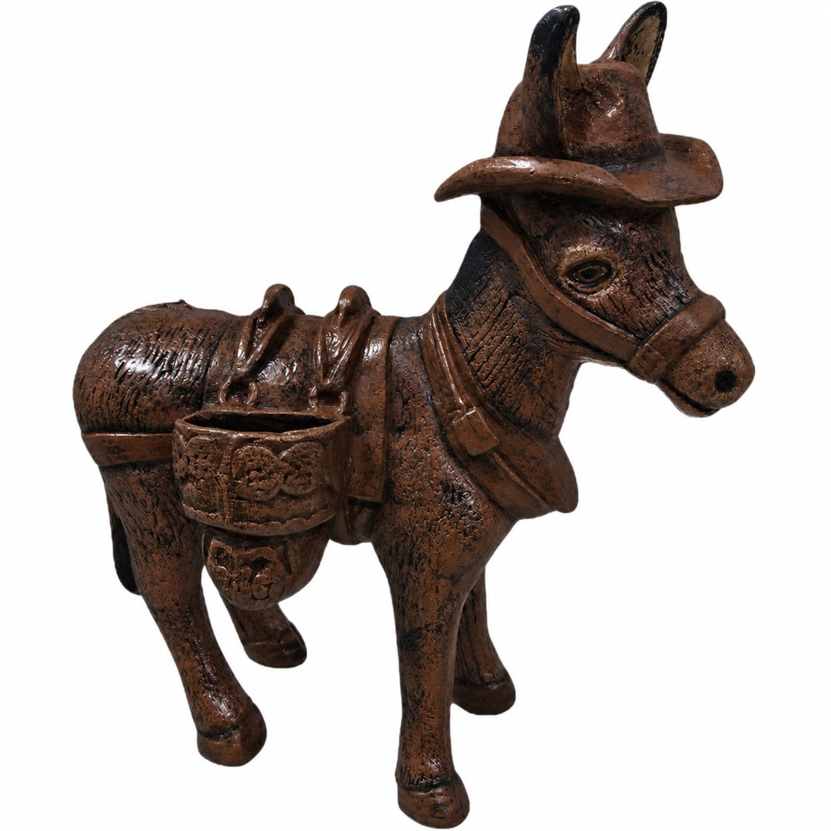 A cast aluminum donkey in bronze finishes wearing a cowboy hat and saddle, with a small hanging basket on its side, shown against a plain white background.