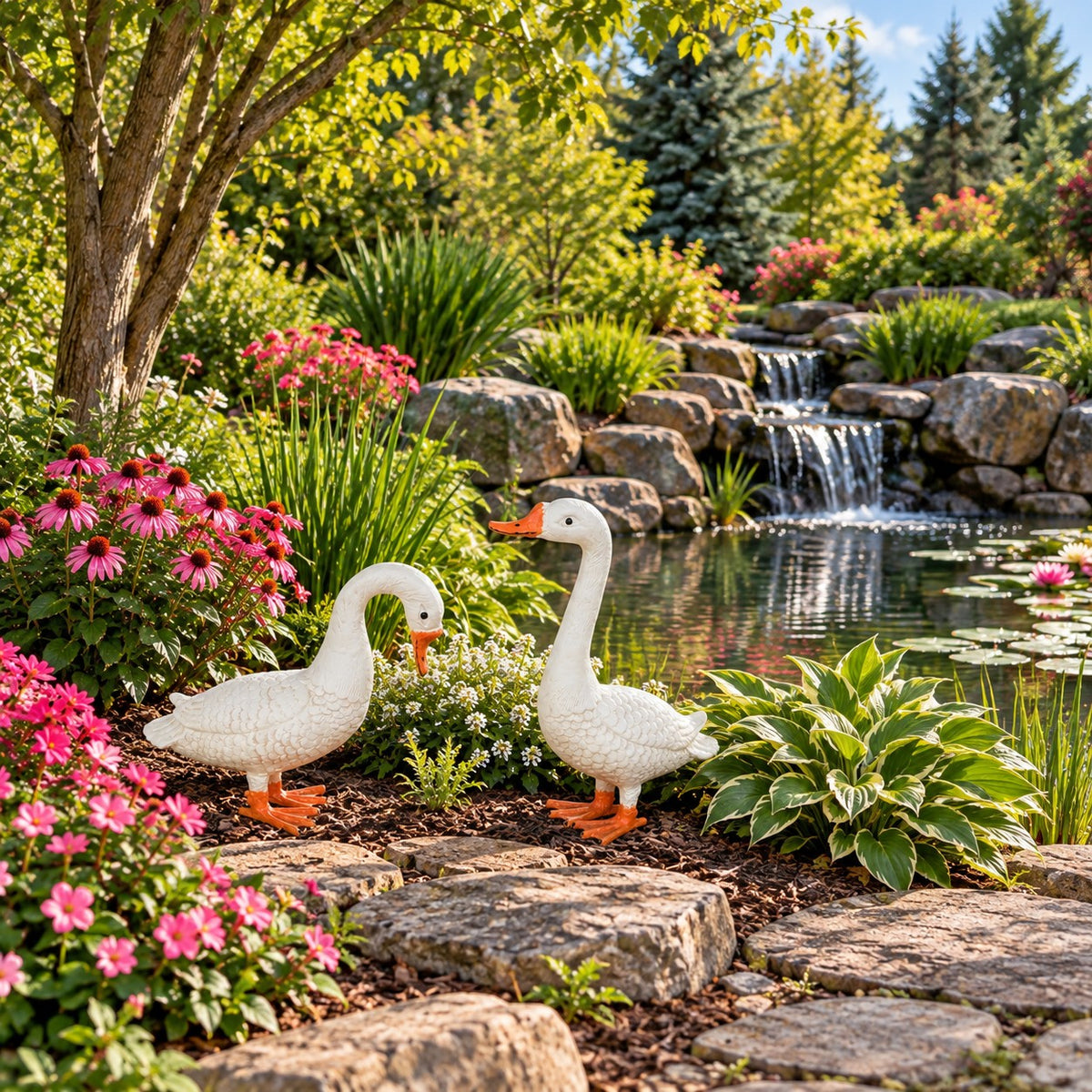 White cast aluminum goose statue with orange beak and feet for yard or home decor