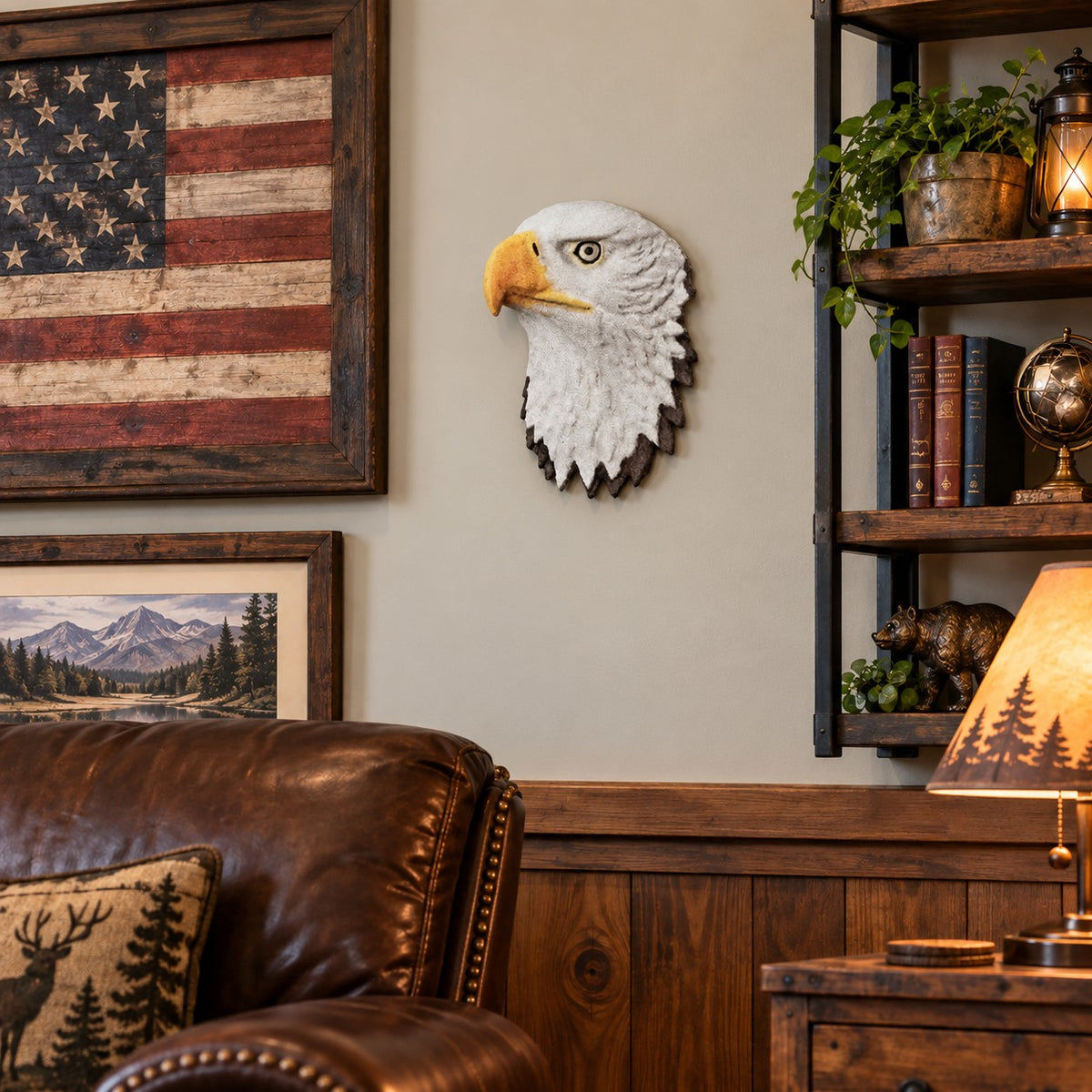 Cast aluminum eagle head wall mount for indoor or outdoor use.