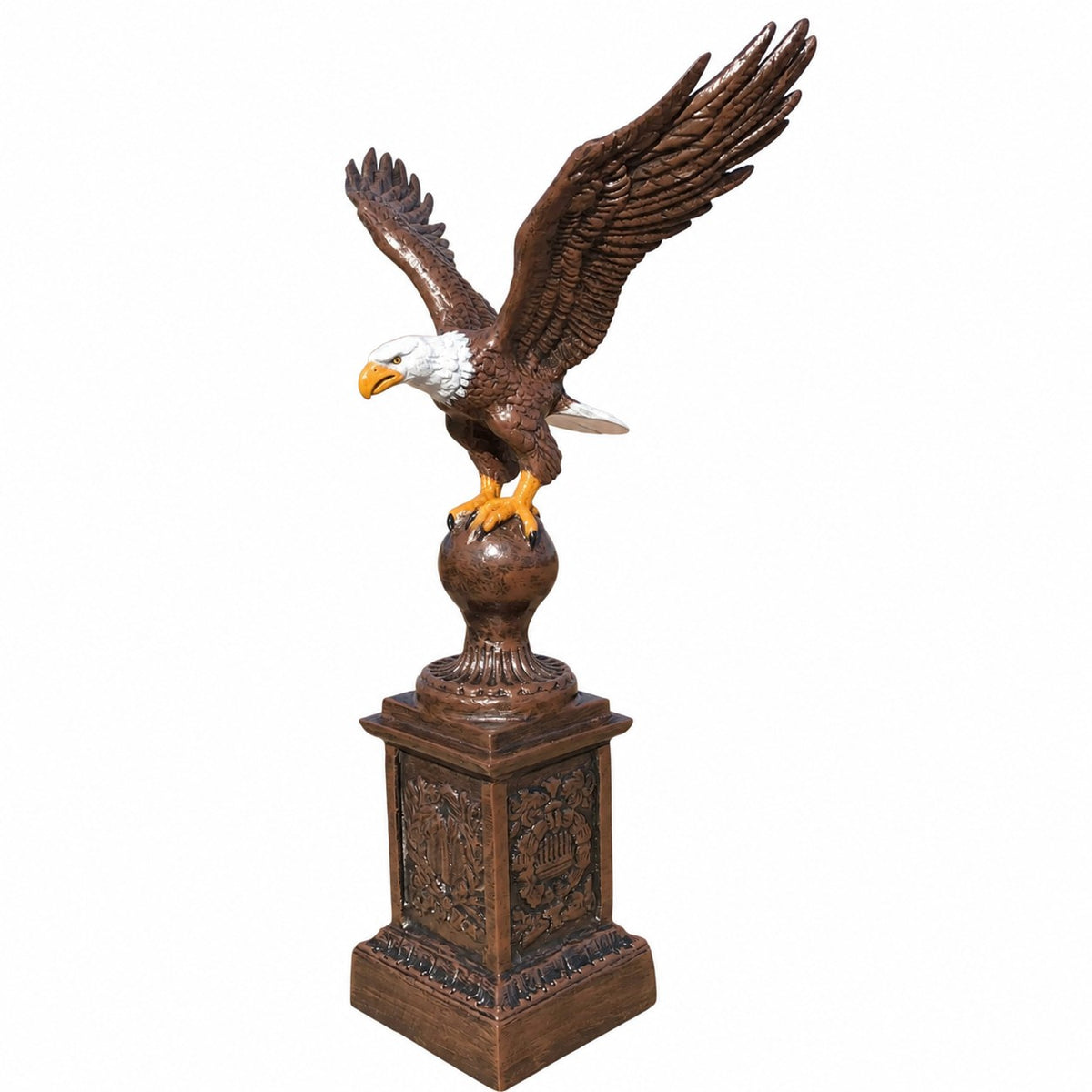 Cast aluminum eagle statue with spread wings on pedestal, outdoor yard decor