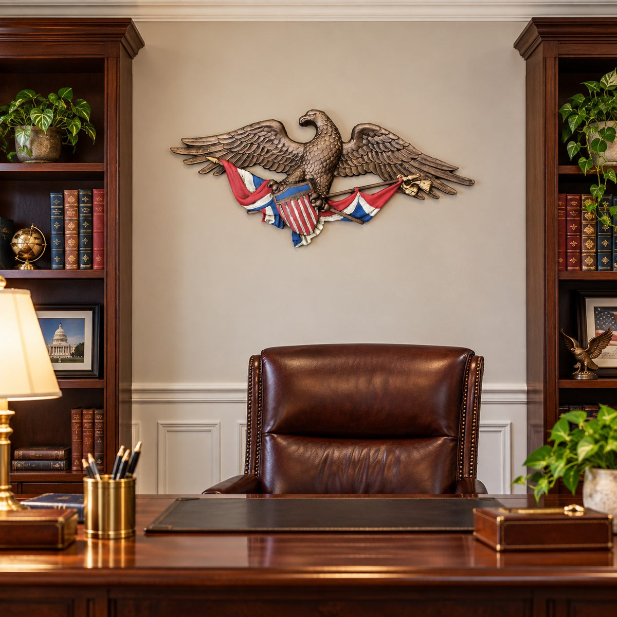 Cast aluminum eagle statue with American flag shield, patriotic home decor