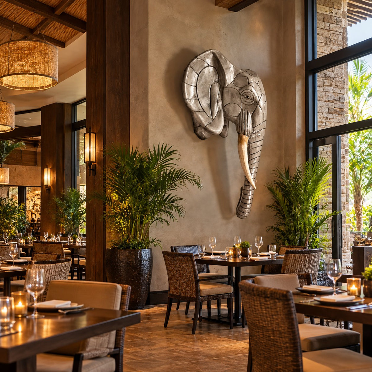 Cast aluminum elephant head statue with intricate design for indoor or outdoor use.