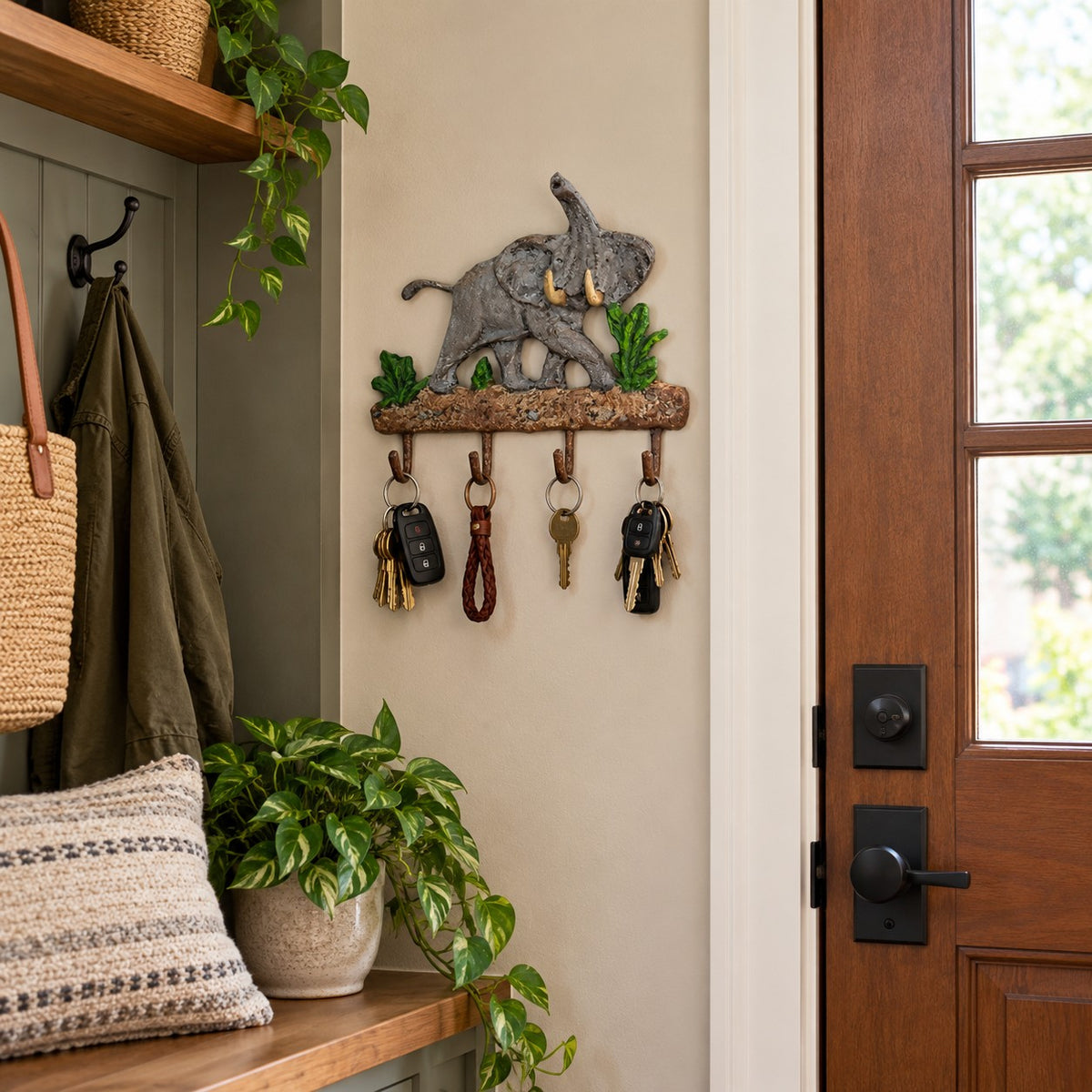 Cast aluminum elephant wall hook with green foliage, rustic finish, decorative home or yard accent