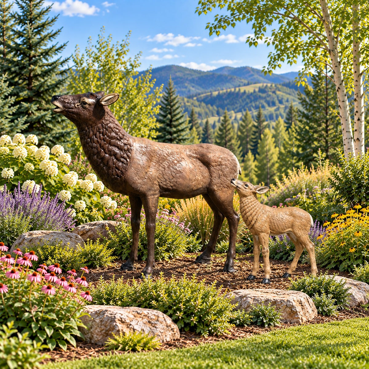 Cast aluminum deer statue for yard or home decor, realistic fawn design with textured fur finish