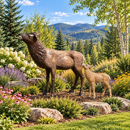 Cast aluminum deer statue for yard or home decor, realistic fawn design with textured fur finish
