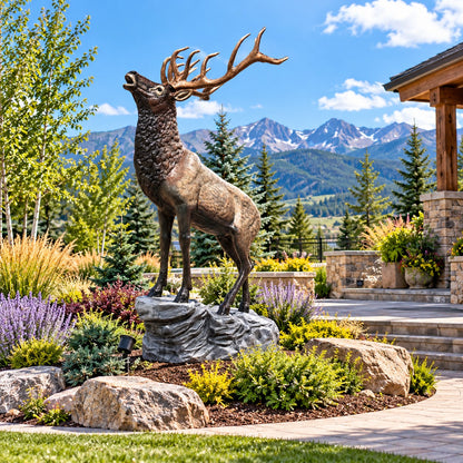 Cast aluminum elk statue with detailed antlers, perfect for yard or commercial decor