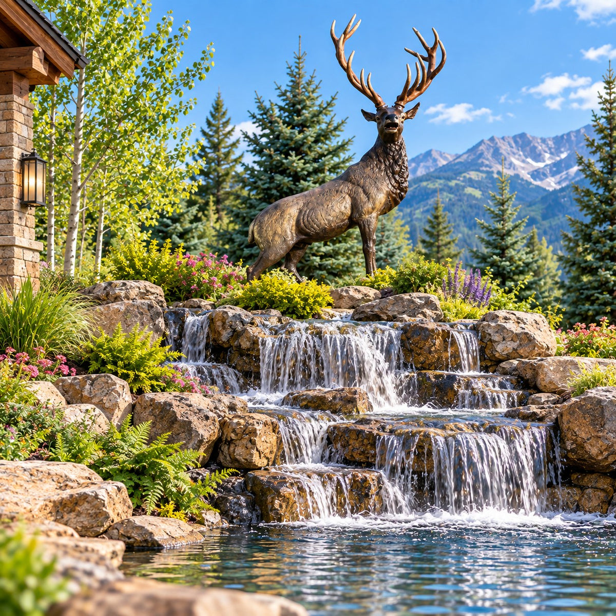 Cast aluminum deer statue with detailed antlers, perfect for yard or commercial decor