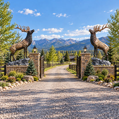 Cast aluminum elk statue with detailed antlers, perfect for yard or commercial decor