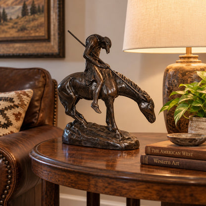 Cast aluminum statue of cowboy on horse with lasso, rustic indoor decor