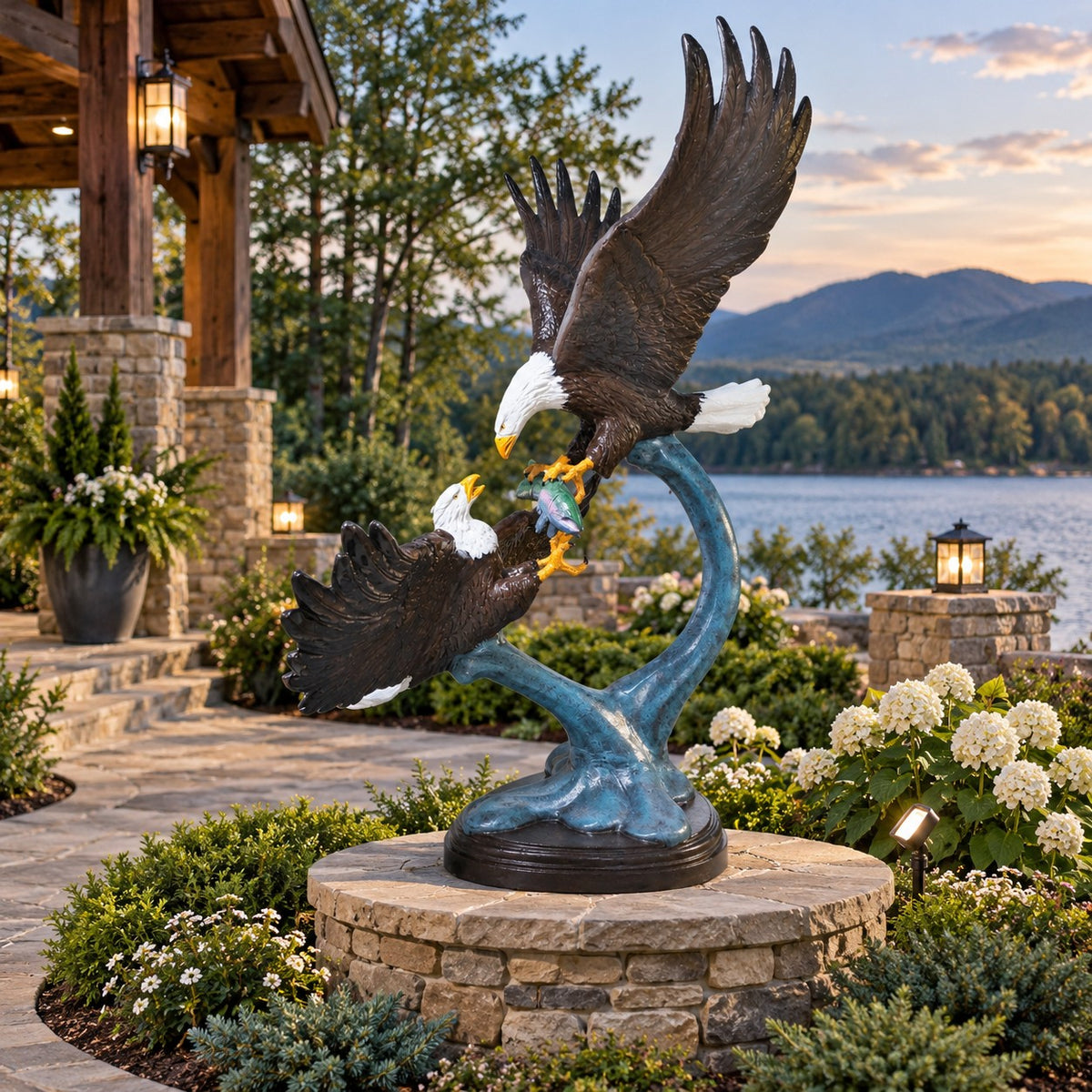Cast aluminum eagle statue with outstretched wings, capturing fish, for yard or home decor