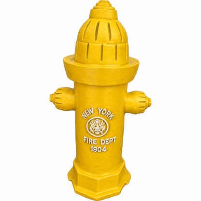 Yellow cast aluminum fire hydrant statue with 'New York Fire Dept 1904' detail, vintage outdoor decor