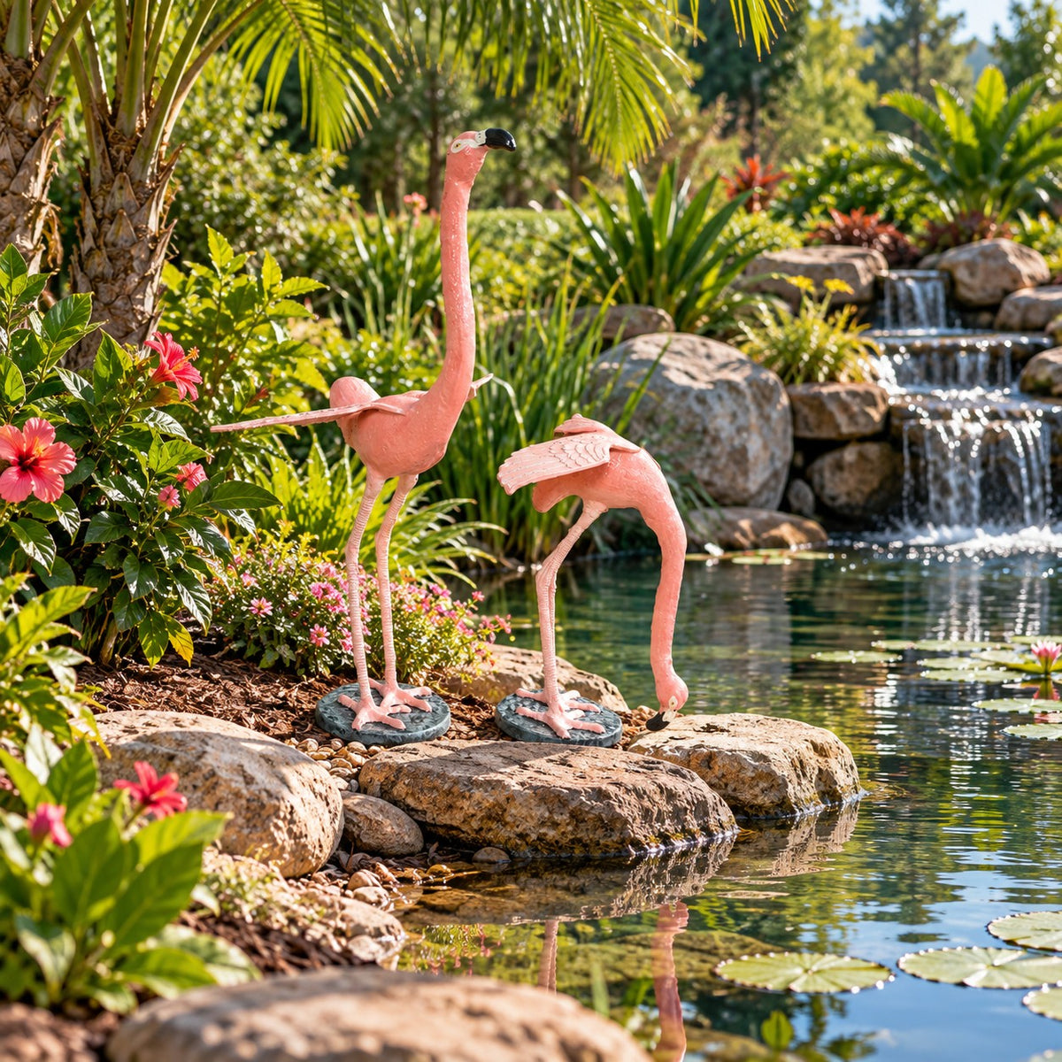 Pink flamingo cast aluminum statue for yard decor, elegant backyard accent with detailed feathers and curved neck