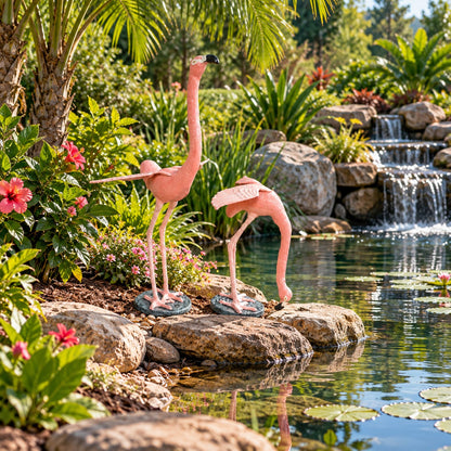 Pink flamingo cast aluminum statue for yard decor, elegant backyard accent with detailed feathers and curved neck