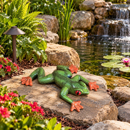 Green tree frog statue with red eyes and orange feet, cast aluminum garden decor