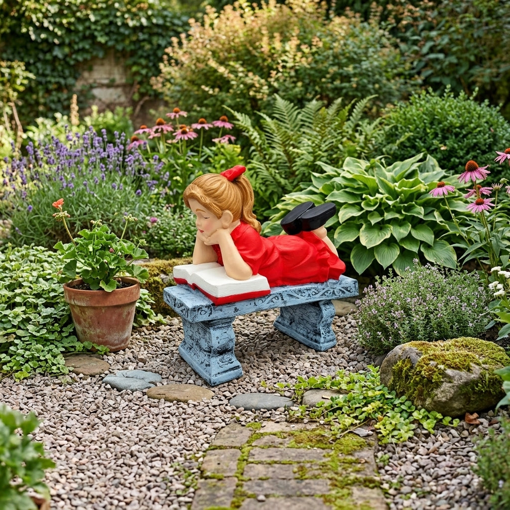 Cast aluminum girl reading on a bench for outdoor gardens