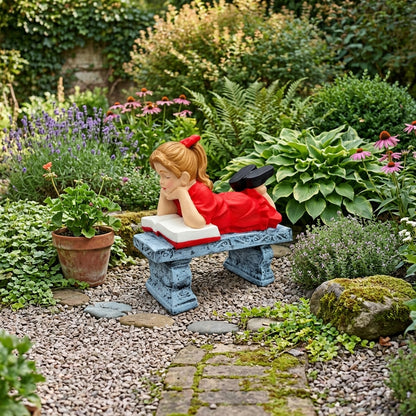 Cast aluminum girl reading on a bench for outdoor gardens
