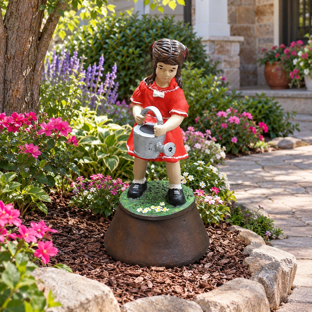 Cast aluminum girl statue in red dress holding watering can, garden decor for yard or home
