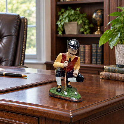 Cast aluminum golfer statue crouching with club, perfect for yard or home decor