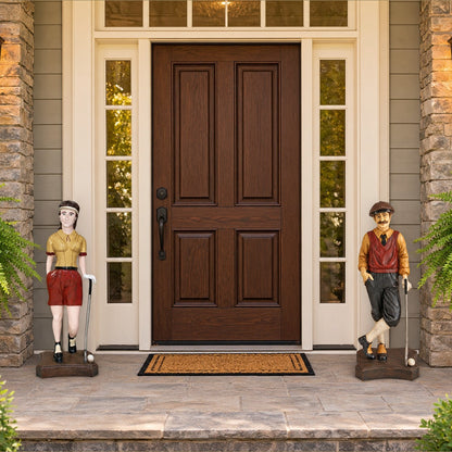 Cast aluminum golfer statues on bronze colored base for indoor or outdoor display featuring a golfer lady and a golfer man.