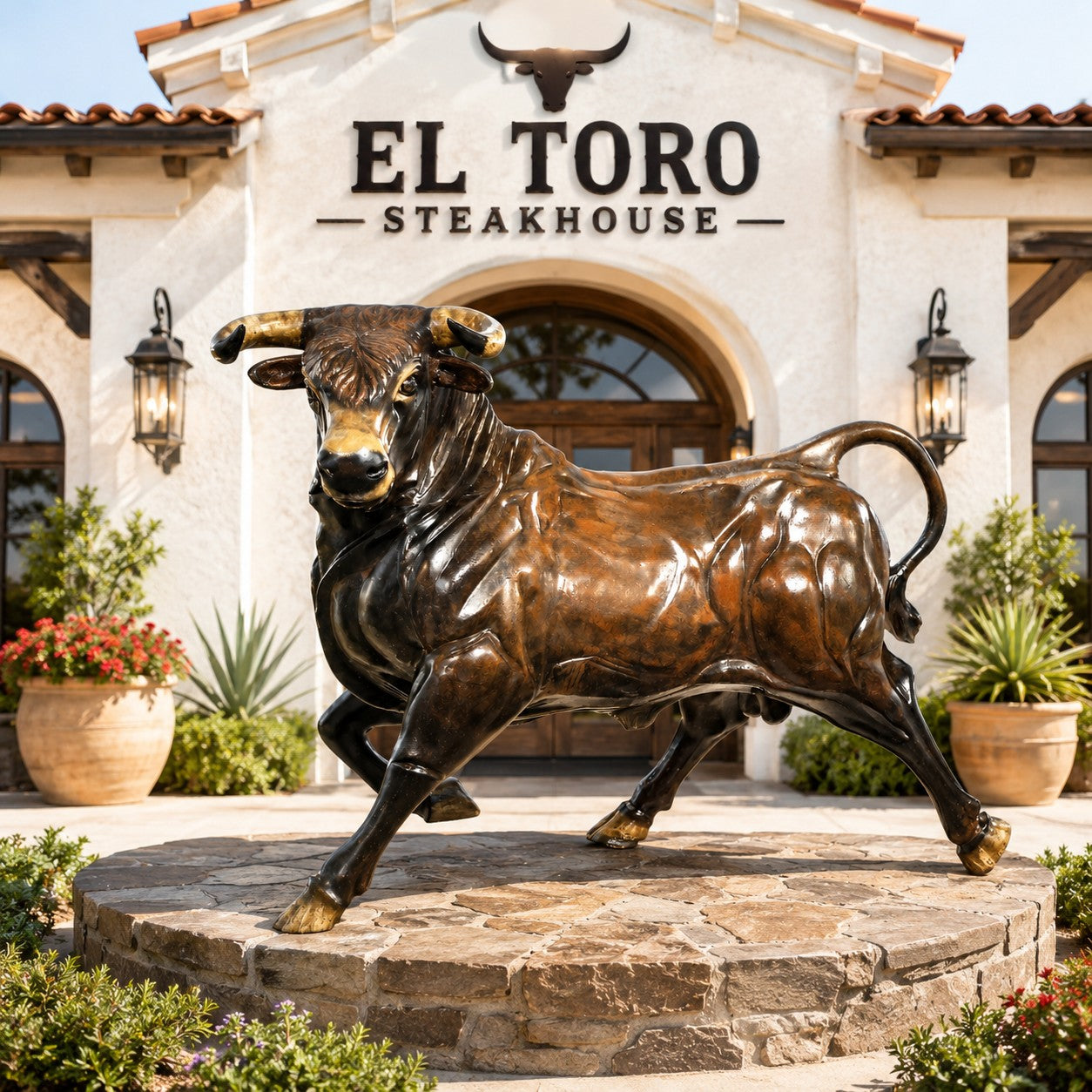 Cast aluminum bull statue for yard or home decor, featuring detailed musculature and bronze finish