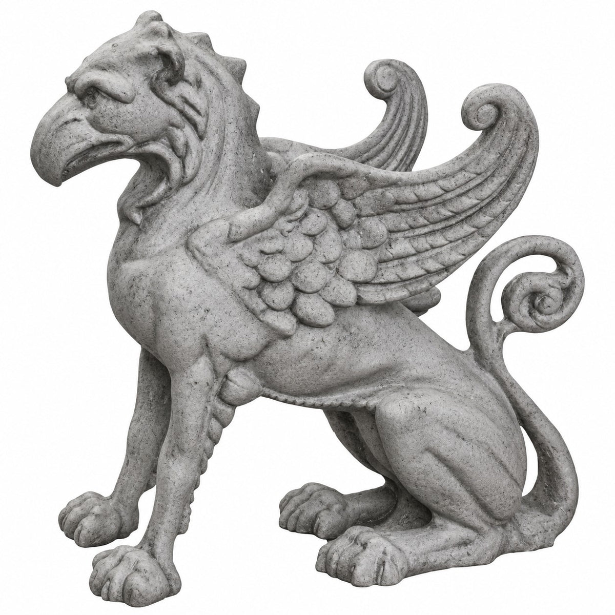Cast aluminum griffin statue shown in light grey to look like concrete