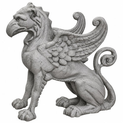 Cast aluminum griffin statue shown in light grey to look like concrete