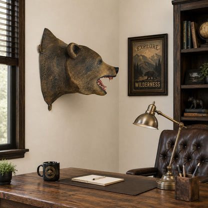 Cast aluminum grizzly bear head wall mount