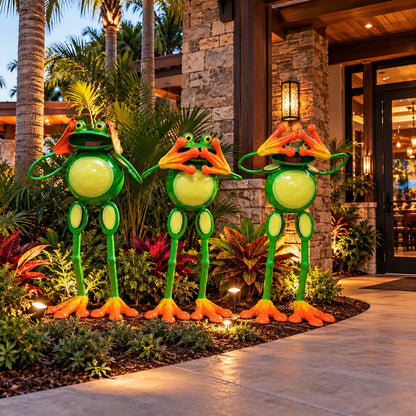 Cast aluminum hear no evil, see no evil, and speak no evil frog statues for indoor or outdoor design spaces