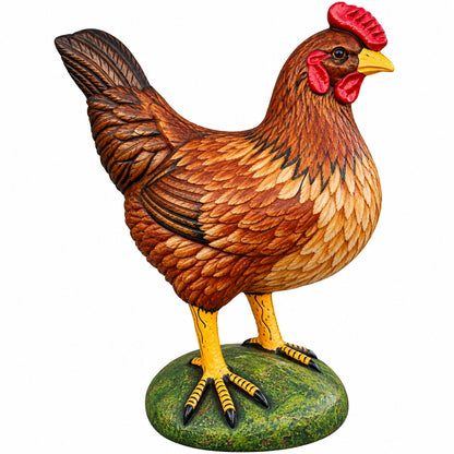 Cast aluminum 3 foot hen in natural brown colors on base