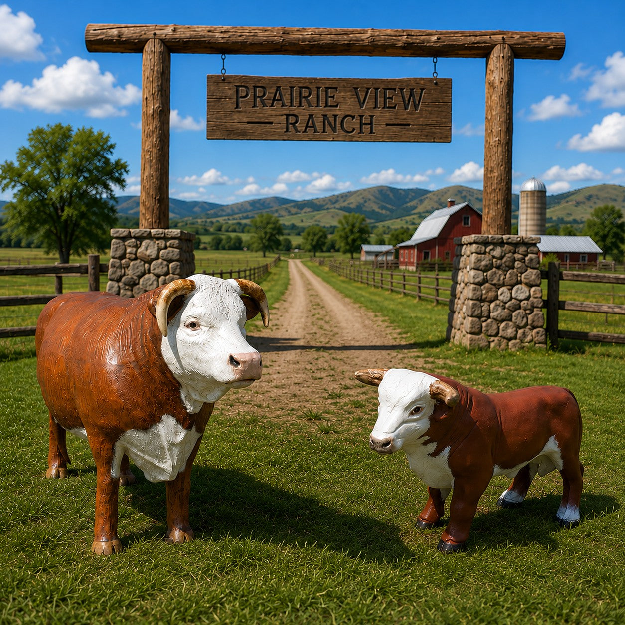 Cast aluminum bull statue with brown and white finish, ideal for yard or home decor