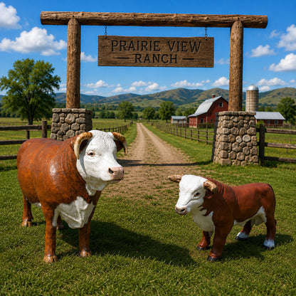 Cast aluminum bull statue with brown and white finish, ideal for yard or home decor