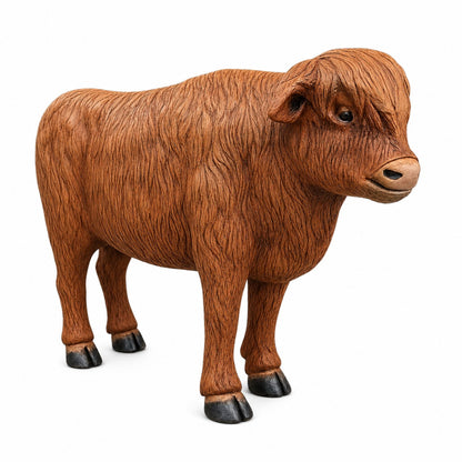 Cast aluminum brown highland cow without horns showing hair and realistic features