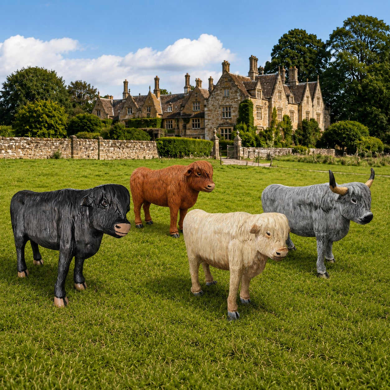 cast aluminum highland cow statues in a variety of colors