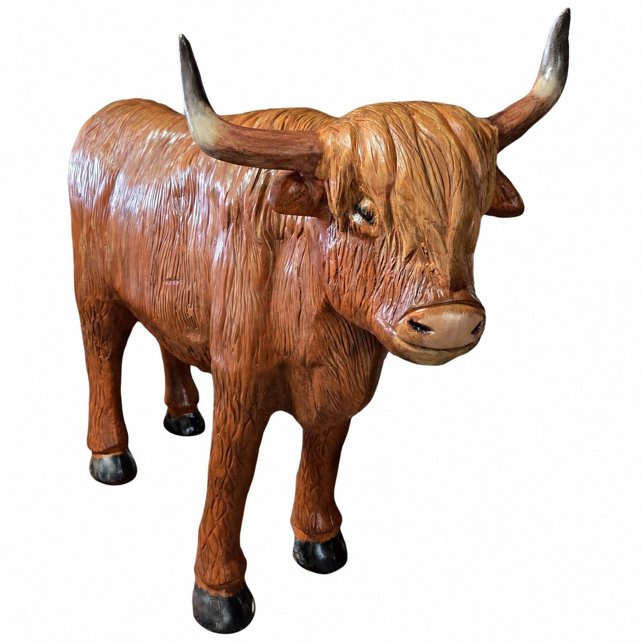 Cast aluminum brown highland cow with horns showing hair and realistic features