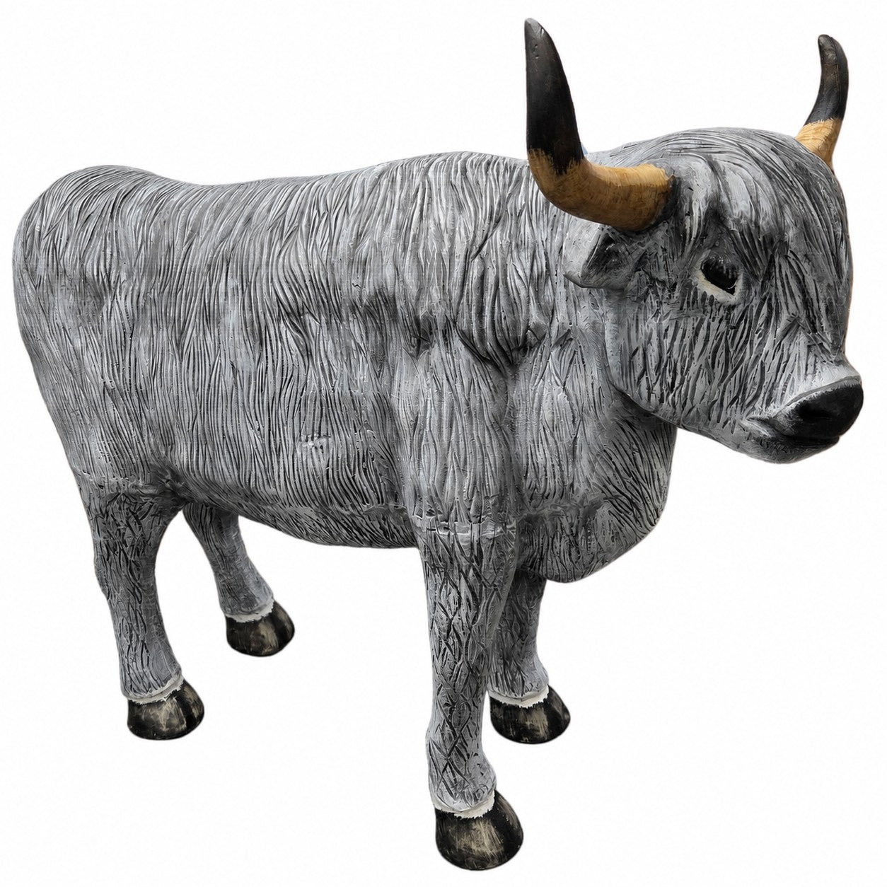 Cast aluminum grey highland cow with horns showing hair and realistic features