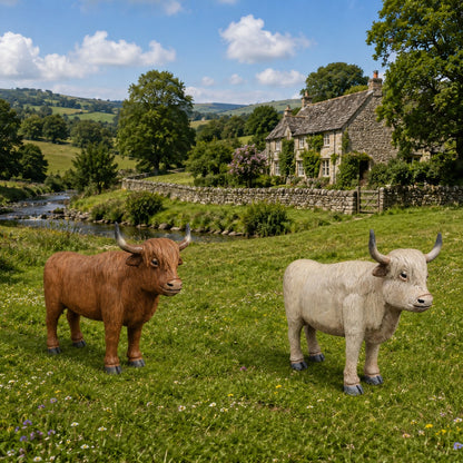 Cast aluminum highland cow with horns showing hair and realistic features