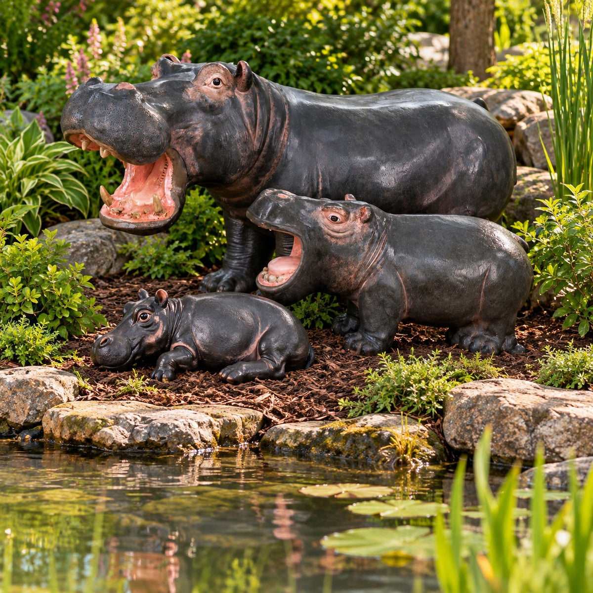 Three realistic hippo garden statues with open mouths are displayed on a rocky bank beside a pond, surrounded by green foliage and plants.