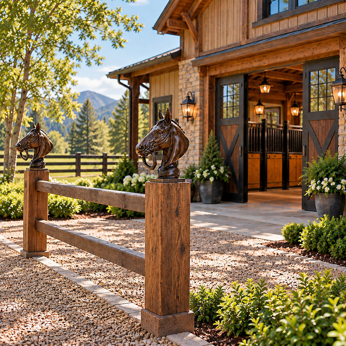 Cast aluminum triple crown horse head on posts for horse hitch.  Made to endure outdoor weather.