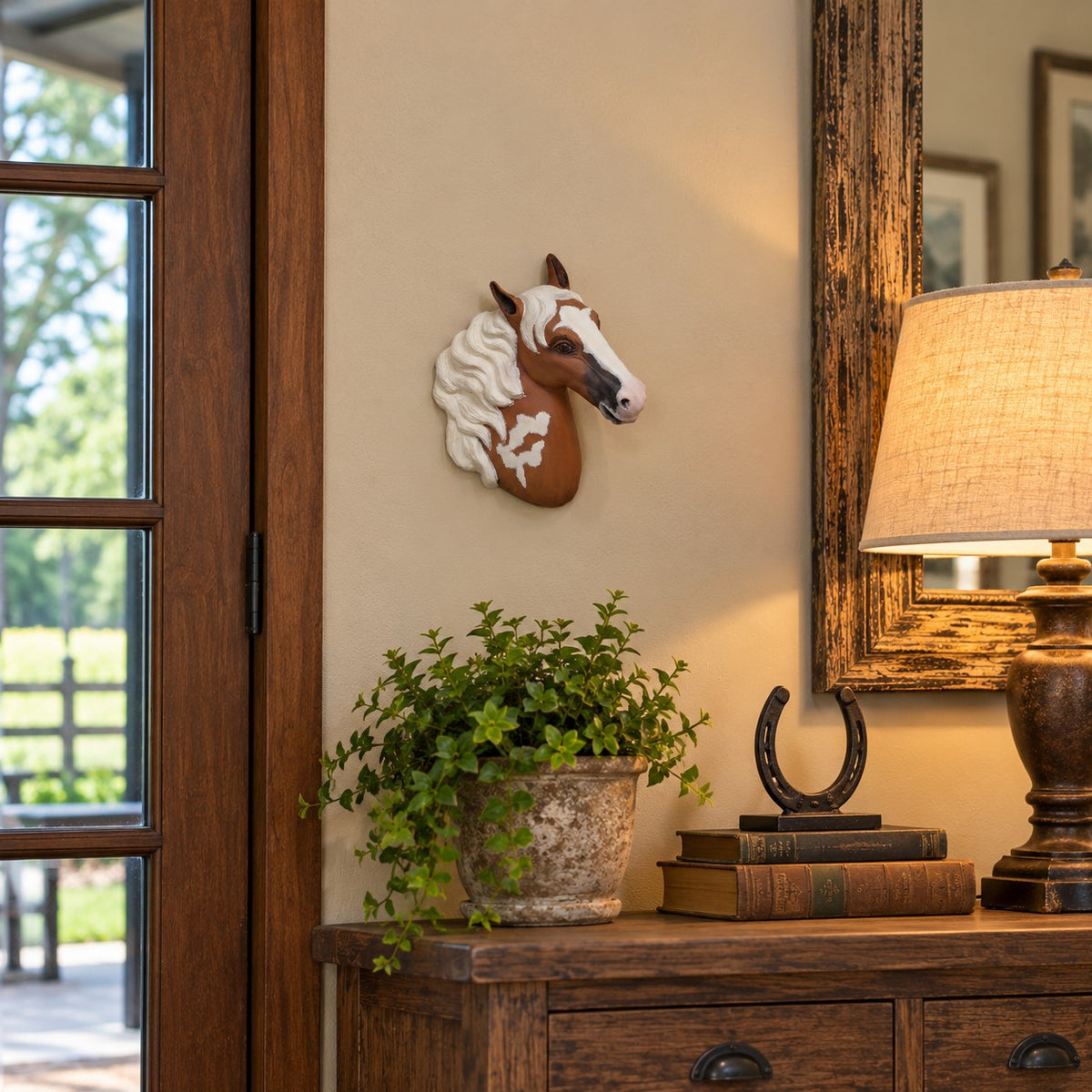 Cast aluminum small horse face wall plaque for any western or rustic themed decor.