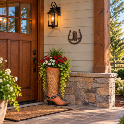 Cast aluminum cowboy boot and horseshoe wall decor for rustic home or yard