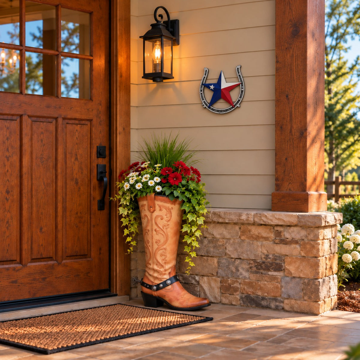 Cast aluminum horseshoe with star for any indoor or outdoor space.