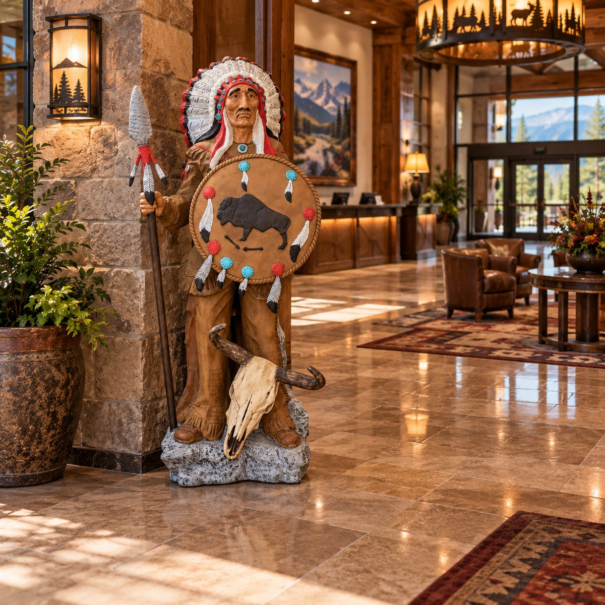 Cast aluminum full size Indian chief for residential or commercial indoor or outdoor spaces.