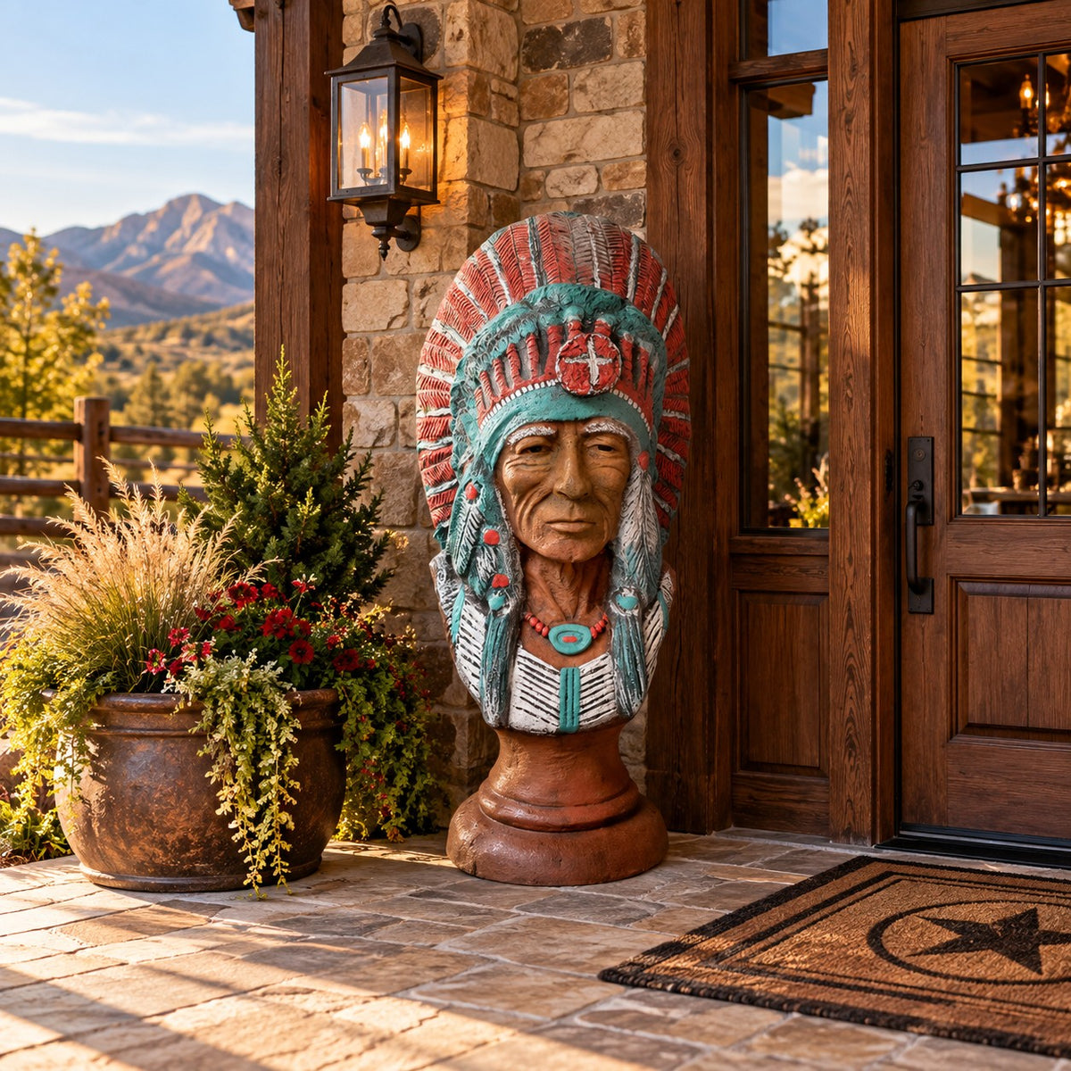 Cast aluminum Indian head bust for western or rustic themed decor.  